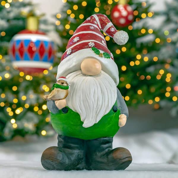 Christmas Gnome Holding Bird with Red Snowflake Hat