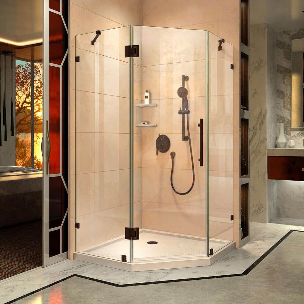 Prism Lux 36" Frameless Neo-Angle Shower Enclosure in Distressed Bronze