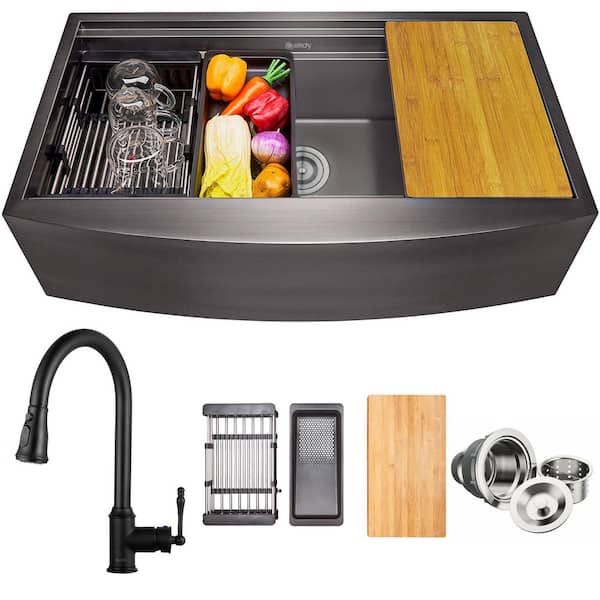 All-in-One Matte Black Finished Stainless Steel 33 in. x 22 in. Farmhouse Apron Mount Kitchen Sink with Pull-down Faucet