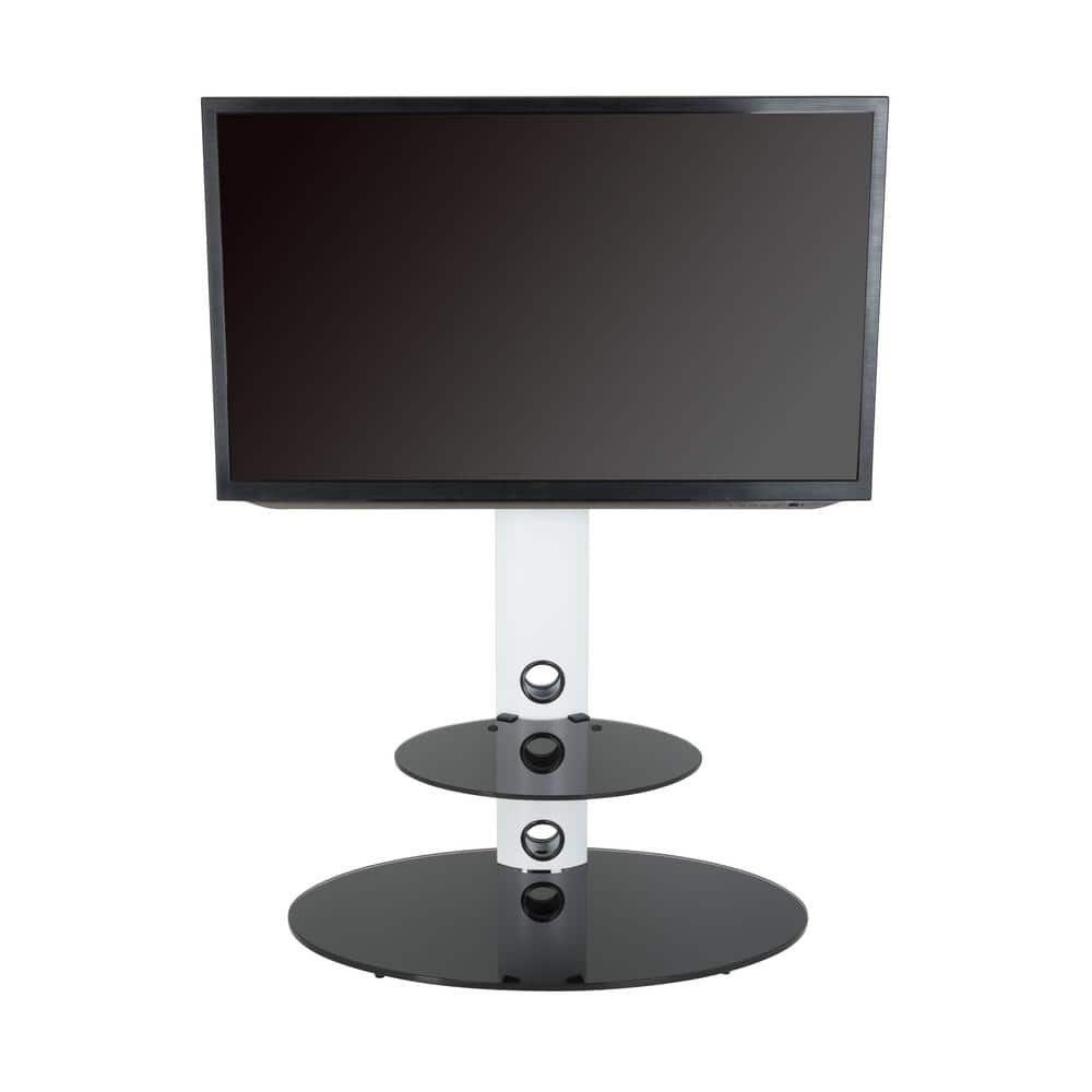 Satin White Metal TV Floor Stand with Black Glass Shelves