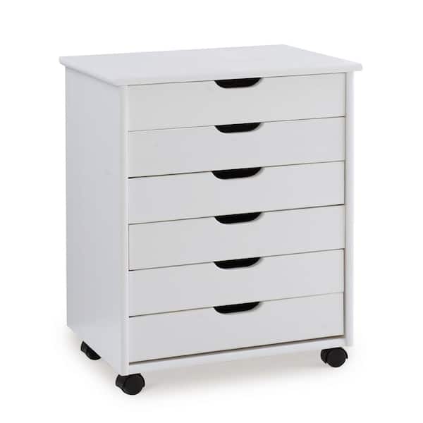 Linon Home Decor Mcleod White Wash 6 Drawer Wide Rolling Storage Organizational Cart
