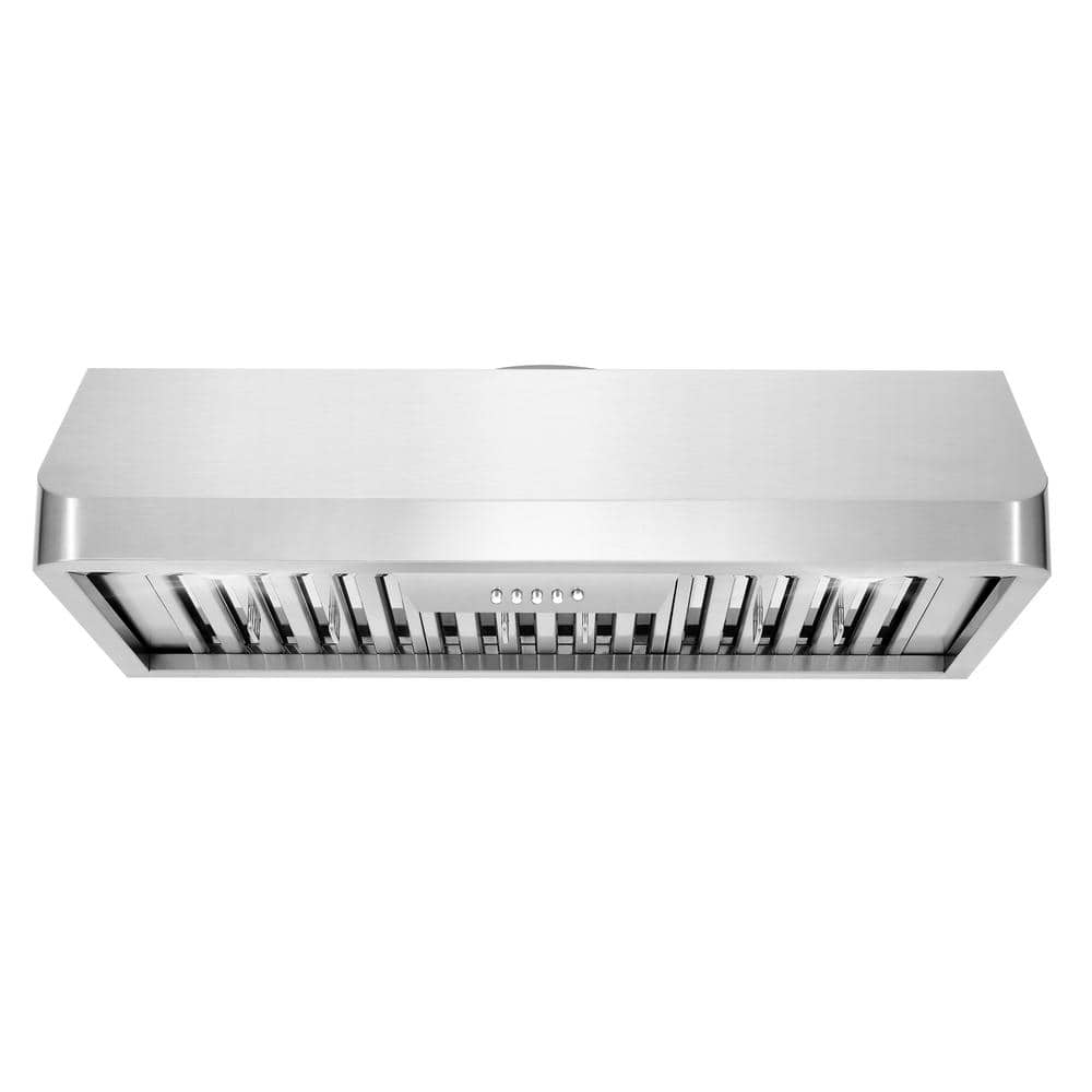 Cosmo 36 in. Ducted Under Cabinet Range Hood in Stainless Steel with Push Button Controls, LED Lighting and Permanent Filters, Silver