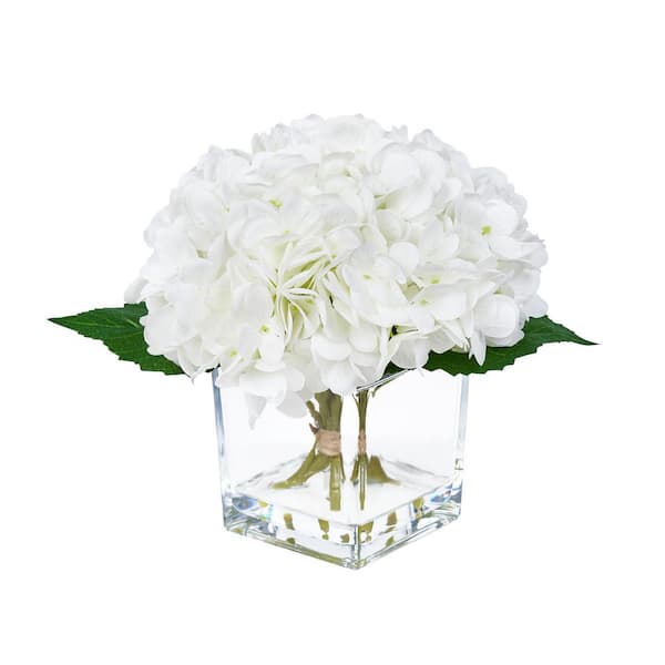 Faux Series 8 in. White Indoor Artificial Silk Hydrangea Bouquets with Stems for Home Table Decor in Glass Vase