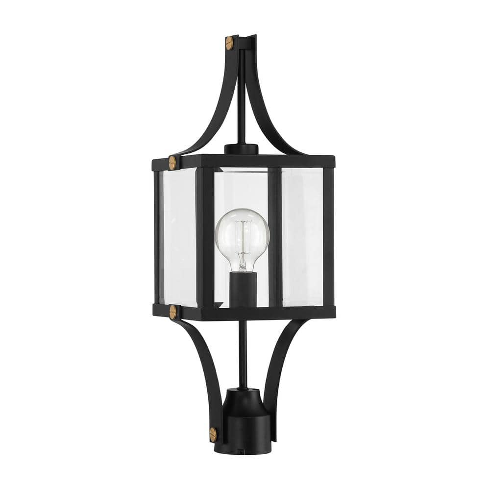 Raeburn Matte Black and Brass Outdoor Post Lantern with Clear Glass