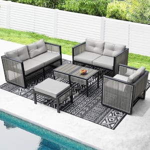 6-Pieces PE Wicker Gray Outdoor Patio Sectional Set with Cushions, 1-Ottoman and 2-Side Tables