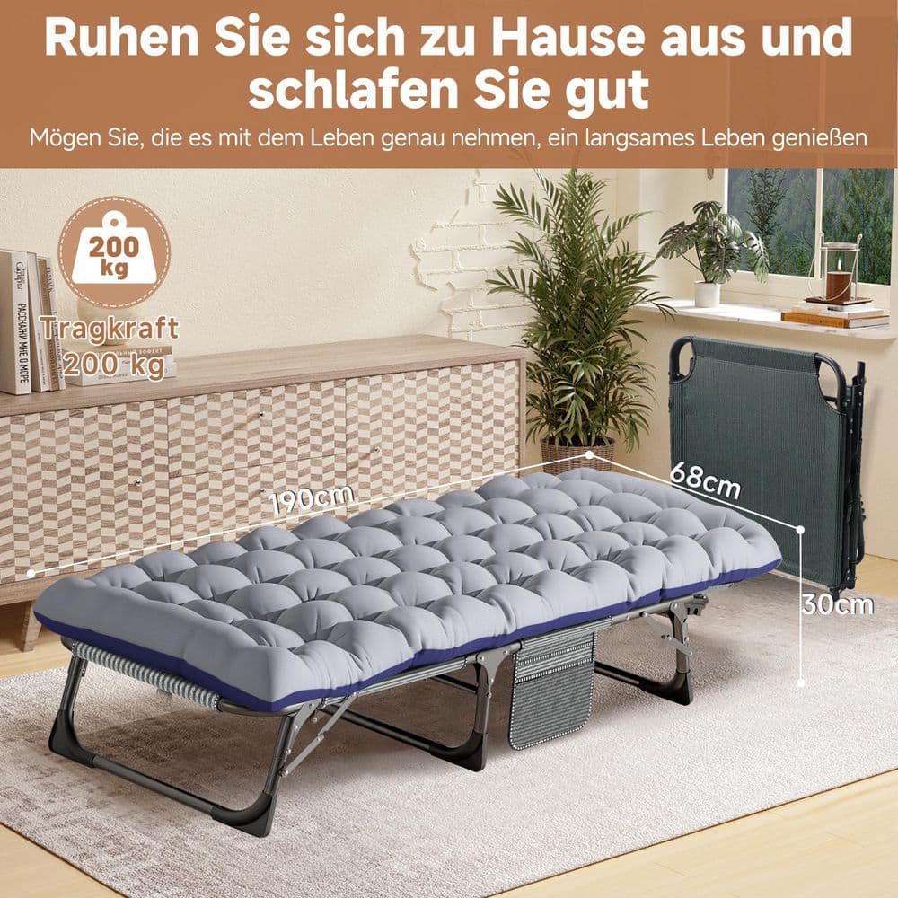Grey and blue lounge chair shown with dimensions and weight capacity of 200kg.