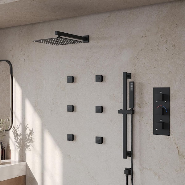 ZenithRain 5-Spray Dual Wall Mount 12 in. Fixed and Handheld Shower Head 2.5-GPM in Matte Black Valve Included