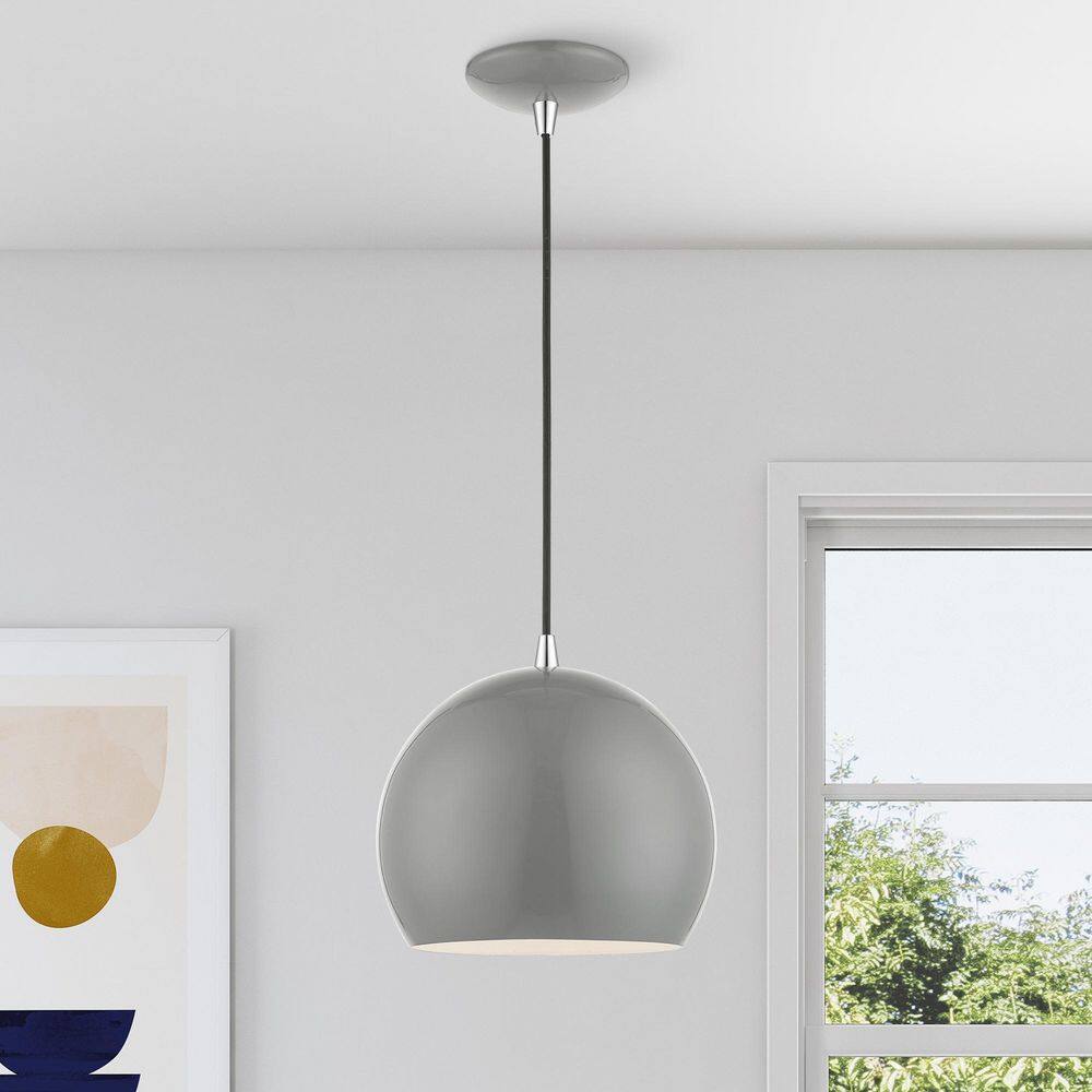 Shiny Light Gray Aluminum Globe Pendant with Chrome Accents