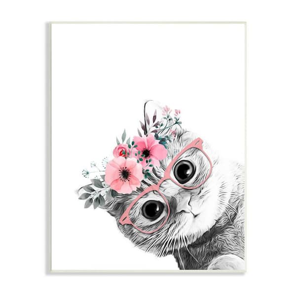 The Stupell Home Decor Collection Pink Flower Crown Cat Glasses Monochrome Simple Design by Annalisa Latella Unframed Animal Art Print 19 in. x 13 in.