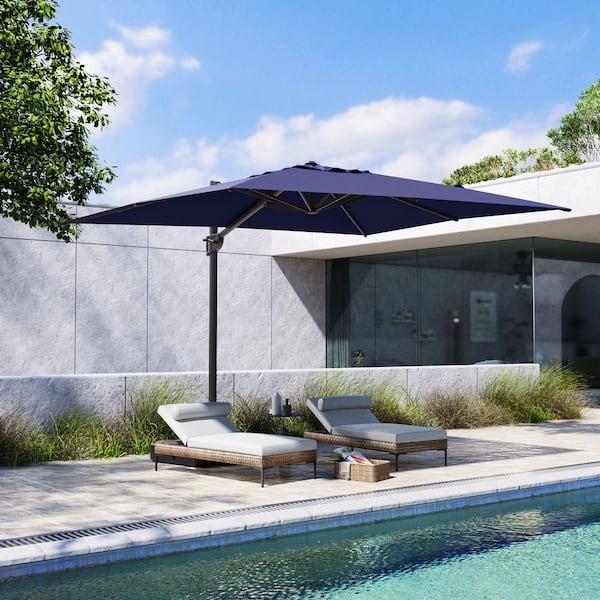 10.5 ft. x 9 ft. Aluminum Offset 360° Rotation Crank Tilt Cantilever Patio Umbrella in Navy, Fillable Base Included