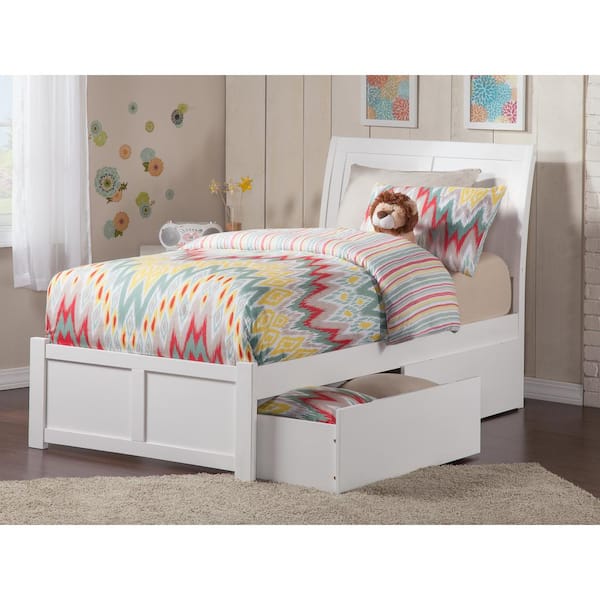 AFI Portland White Twin Solid Wood Storage Platform Bed with Flat Panel Foot Board and 2 Bed Drawers