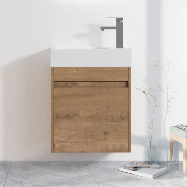 ANGELES HOME 18.1 in. W x 10.2 in. D x 22.8 in. H Floating Wall Bath Vanity in Oak with White Resin Sink and Top, Soft Close Door