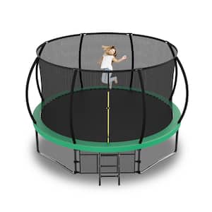12 ft. Green Galvanized Anti-Rust Outdoor Round Trampoline with Balance Bar with Enclosure Net and Carriage Bag