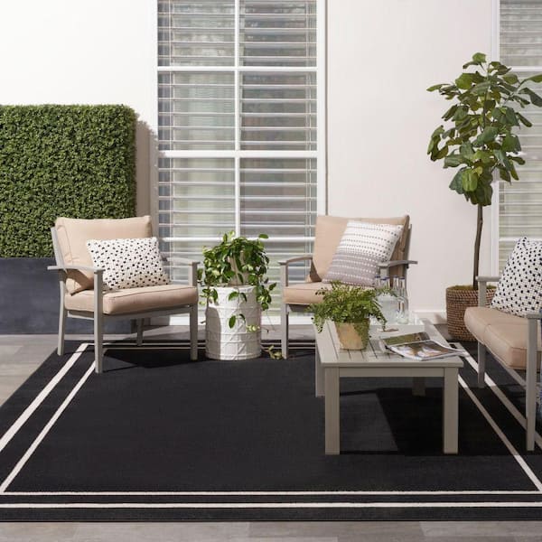 Essentials Black Ivory 9 ft. x 12 ft. Solid Contemporary Indoor/Outdoor Area Rug