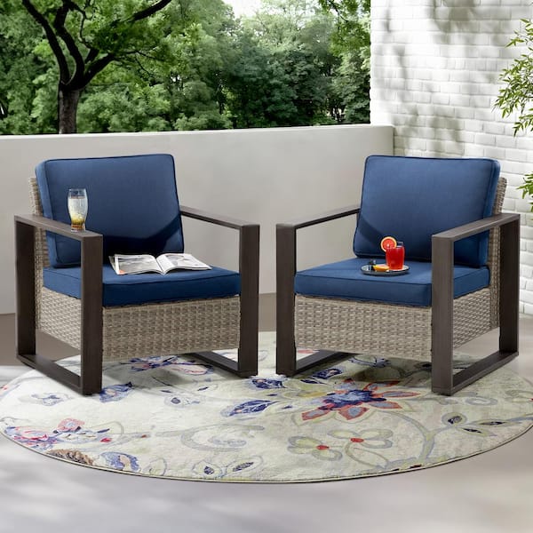 JOYSIDE 2-Piece Patio Wicker Outdoor Lounge Chair with Metal Frame and Dark Blue Cushions