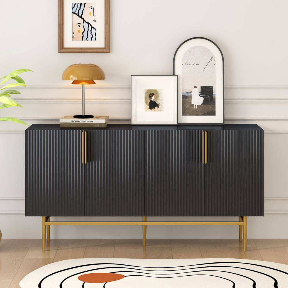 Black Wood 60 in. Modern Sideboard with Gold Handles and Legs