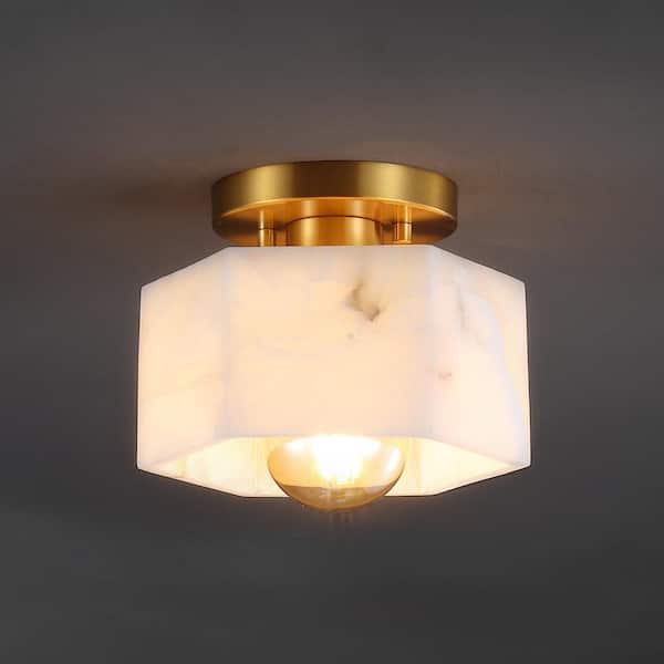 JONATHAN Y Tessa 8 in. 1-Light Modern Contemporary Alabaster/Iron Hexagonal LED Semi Flush Mount, White Marbling/Brass Gold