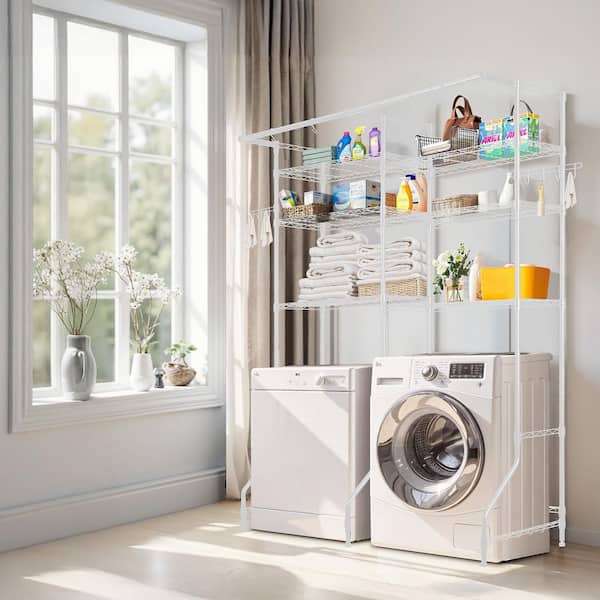 Over Washer and Dryer Storage Shelves, 6 Tiers Laundry Room Drying Rack with Hanger Rod and Hooks, Shelves White