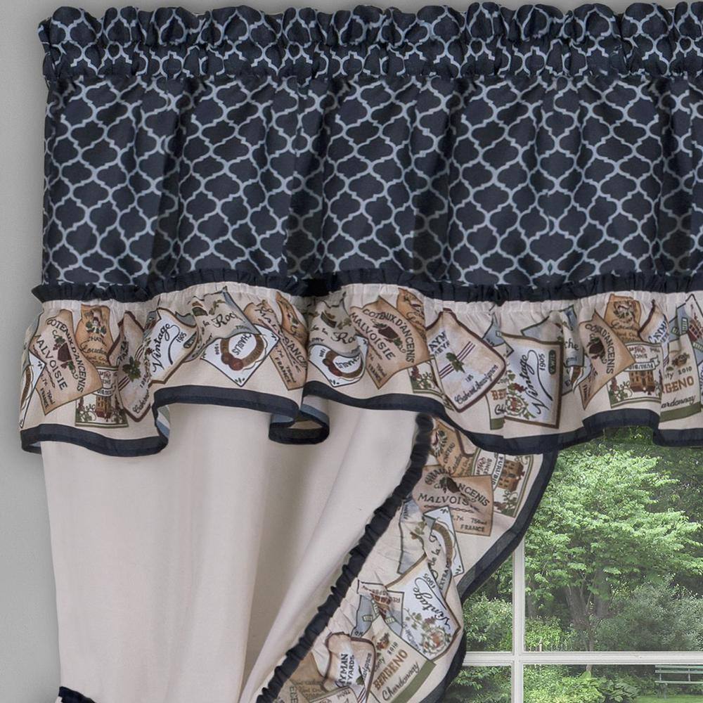 Navy Floral Print Polyester Kitchen Tier Curtain Set