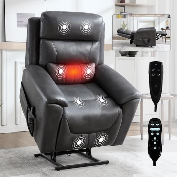 Dark Gray Dual Motor Faux Leather Power Lift Recliner Chair with 8-Point Vibration Massage and Lumbar Heating