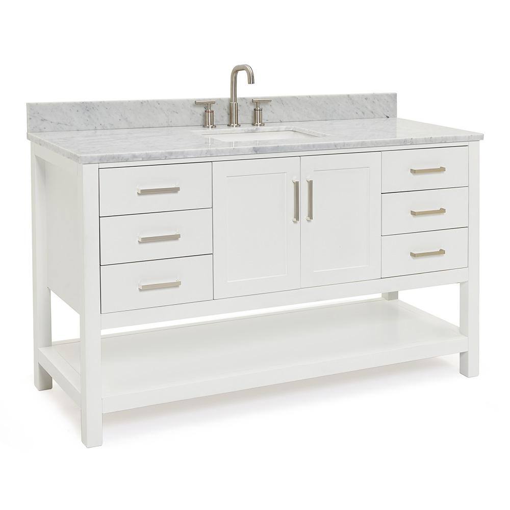 Magnolia 61" White Solid Wood Bathroom Vanity with Marble Top