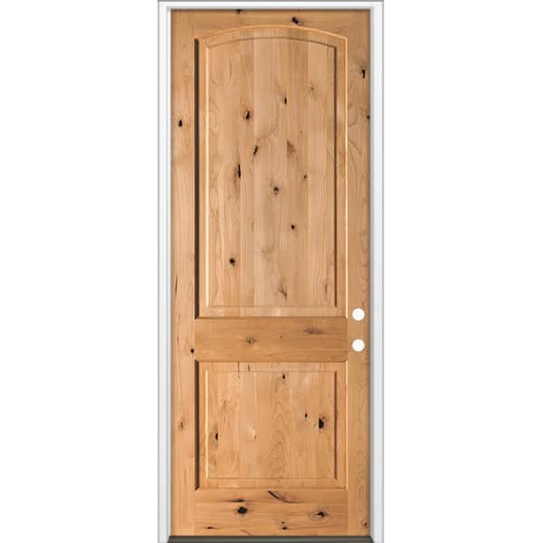 36 in. x 96 in. Rustic Knotty Alder 2-Panel Arch Top Left-Hand/Inswing BEHR Cedar Stain Wood Prehung Front Door