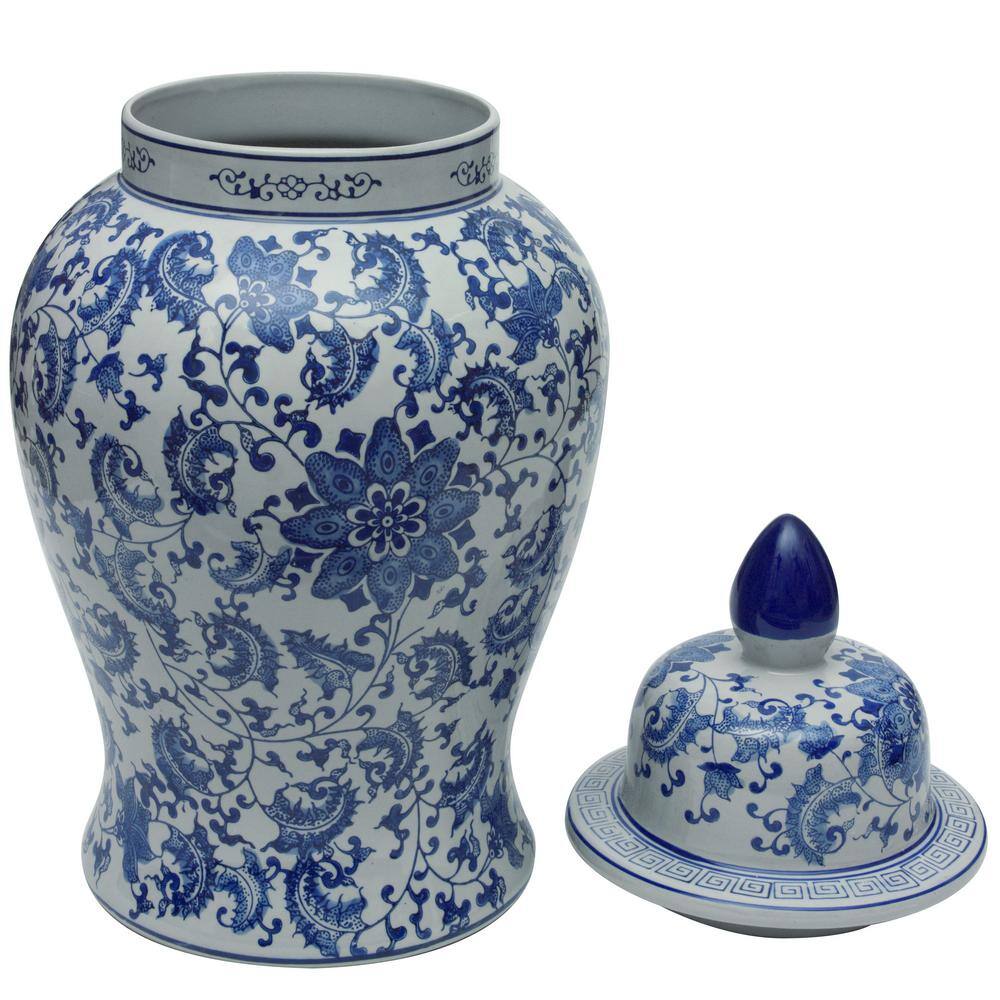 24" Blue and White Floral Porcelain Temple Jar