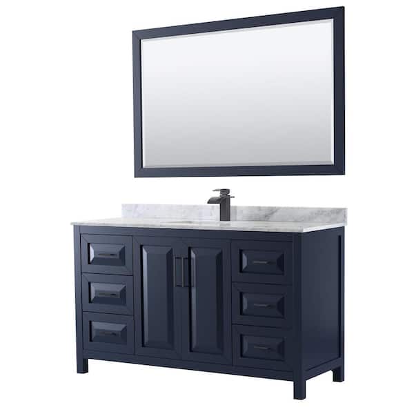 Wyndham Collection Daria 60 in. W x 22 in. D x 35.75 in. H Single Bath Vanity in Dark Blue with White Carrara Marble Top and 58 in. Mirror