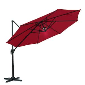 10 ft. Aluminum Offset Cantilever Adjustable Vertical Tilt Round Patio Umbrella with LED Light in Red