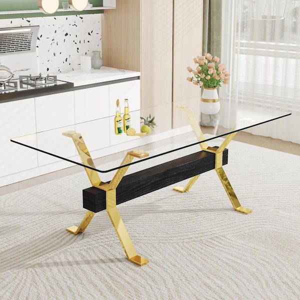 Modern Rectangle Clear Glass Pedestal Dining Table Seats for 6 (79.00 in. L x 30.00 in. H)