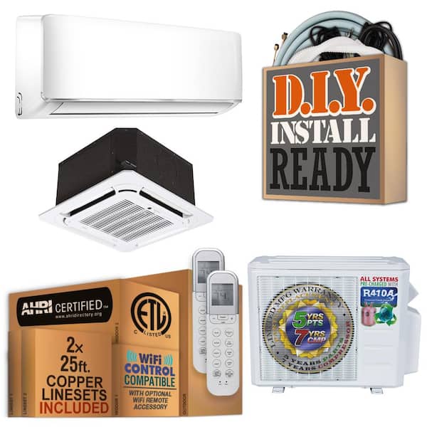 DIY 18000 BTU 1.5-Ton Dual Cassette/Wall Mount Ductless Mini Split Air Conditioner with Heat Pump 220-Volt