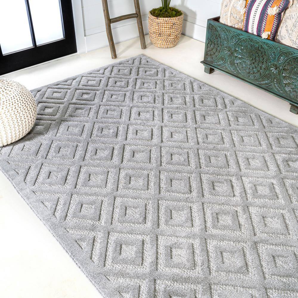 Elysian Light Gray Geometric Synthetic Indoor/Outdoor Rug