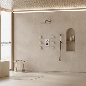 Thermostatic 7-Spray 12 in. Wall Mount Dual Shower Head and Handheld Shower in Brushed Nickel (Valve Included)