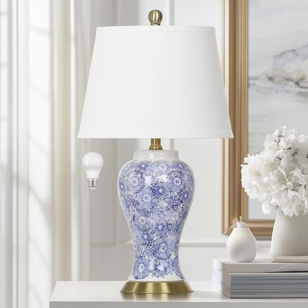 Cinkeda Bedside 25 in. Blue Two-stage Rotary Switch Table Lamp with Ceramic Lamp Body Empire Lampshade Long Power Cord