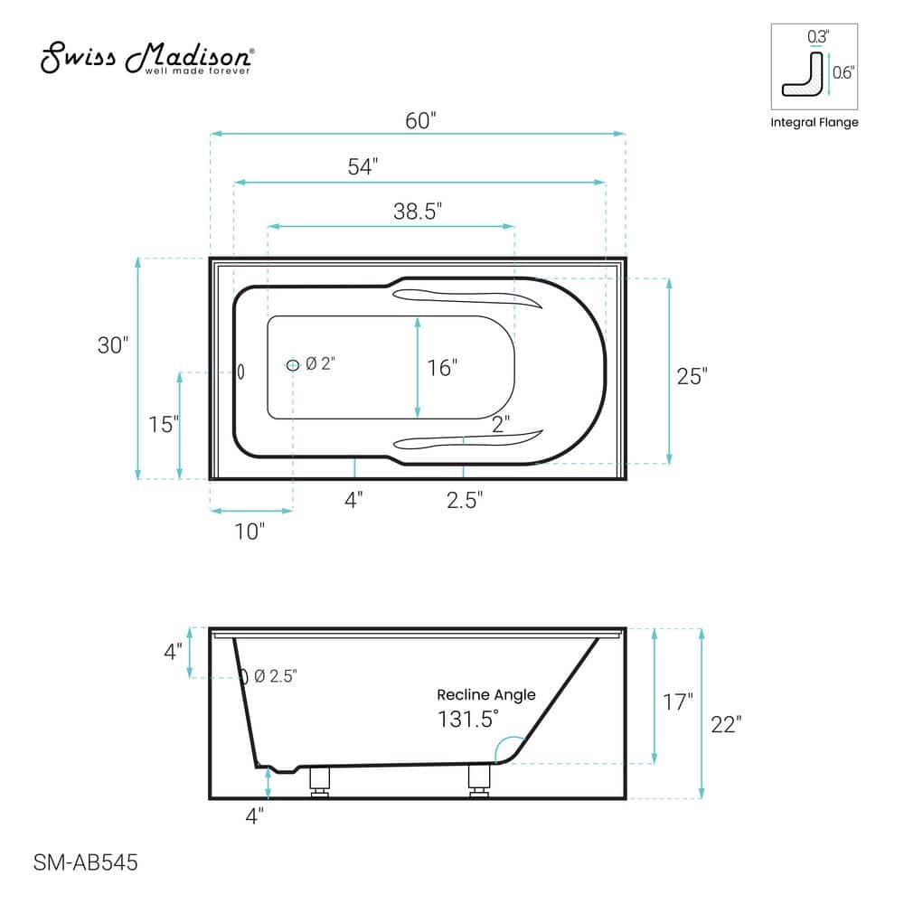 Ivy 60" x 30" White Acrylic Alcove Bathtub with Apron
