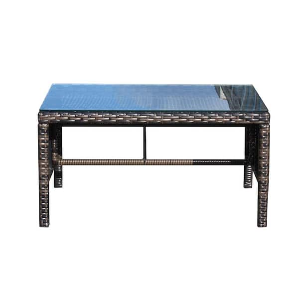 Misopily Brown Rattan Outdooor Coffee Table with Clear Tempered Glass, Weather Resistant for Patio, Deck, Garden