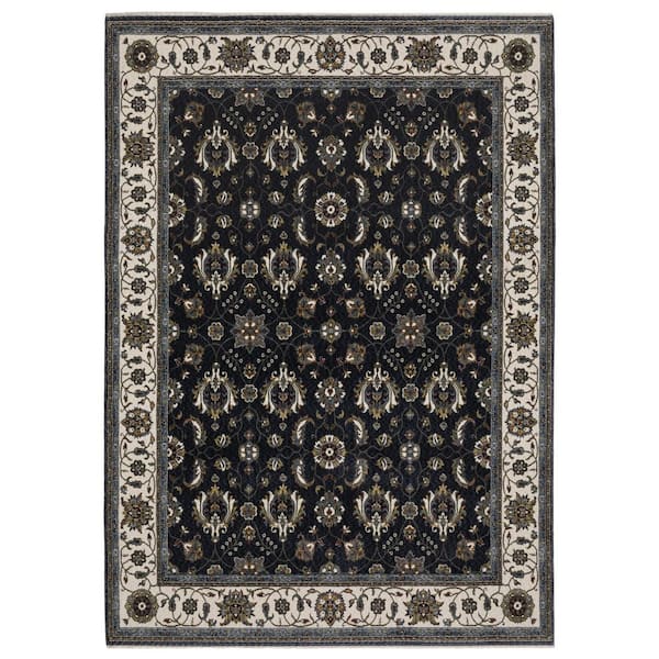 7' X 10' Blue And Ivory Oriental Area Rug With Fringe