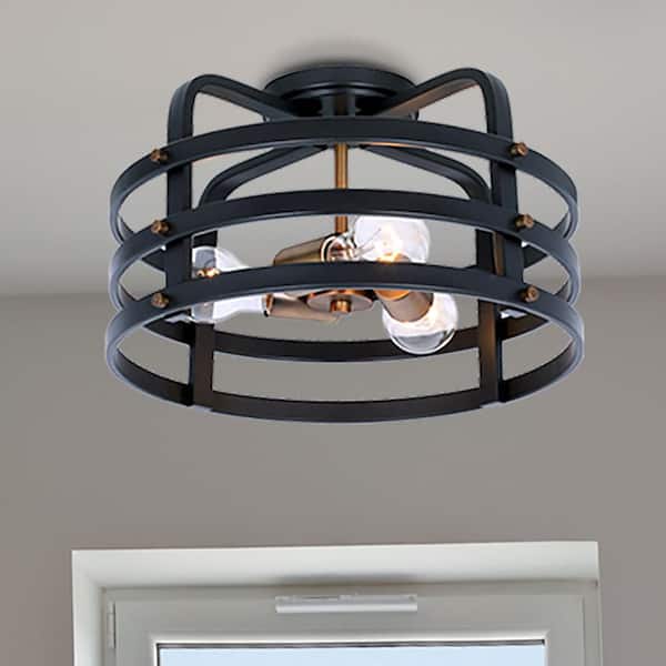 Brooks 15 in. 3-Light Vintage Bronze Semi-Flush Mount with Round Open Metal Cage Frame