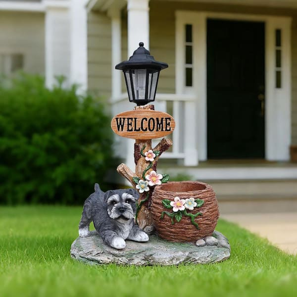 GOGEXX Gray 14.17 in. x 18.5 in. Resin Schnauzer Dog Solar Planter