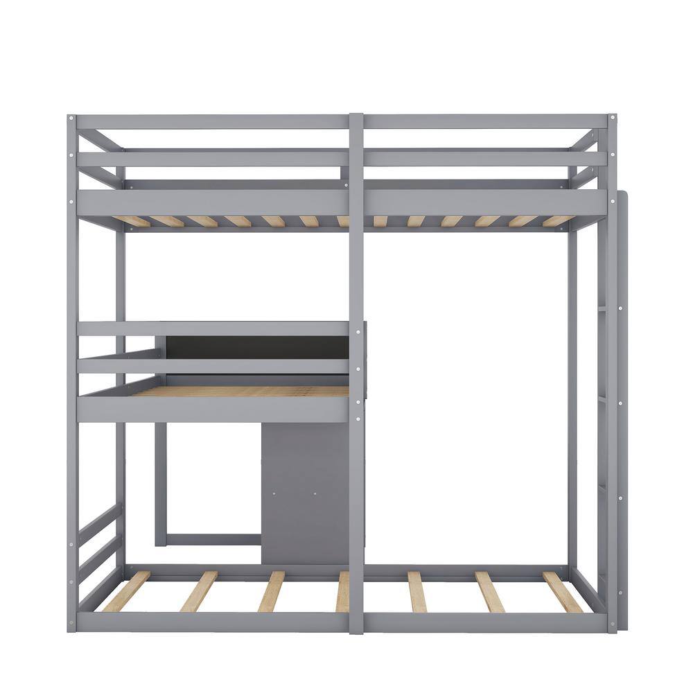 Harper & Bright Designs Gray L-Shaped Wood Triple Twin Size Bunk Bed with Blackboard, 4-Storage Cabinets and Ladder - 3