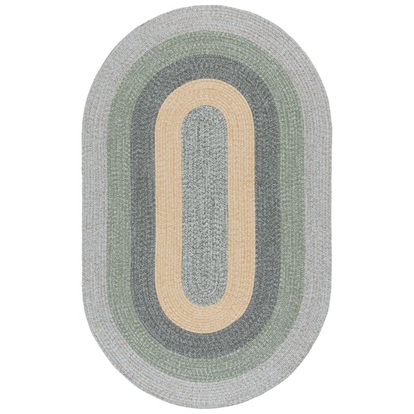 Braided Gray/Green 6 ft. x 9 ft. Machine Washable Solid Striped Border Oval Area Rug