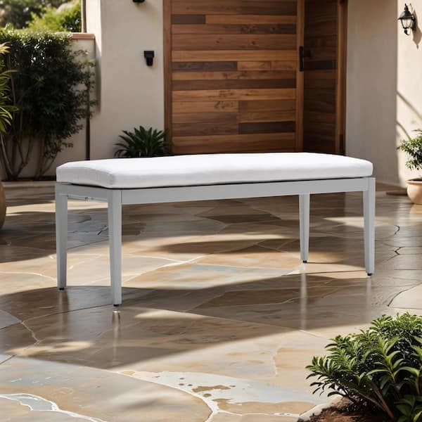 wayofatry Outdoor Bench with White Cushion, Patio Aluminum Stationary Ottoman