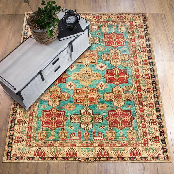 Ottoman Turquoise Medallion Washable 5 ft. x 7 ft. Area Rug