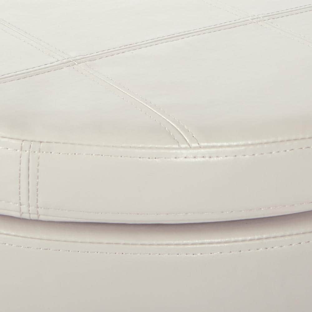 Alloway Cream Faux Leather Round Storage Ottoman with Antique Bronze Nailheads