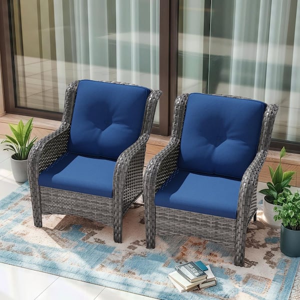 JOYSIDE Ergonomic Arm 2-Piece Patio Wicker Outdoor Lounge Chair with Blue Cushions