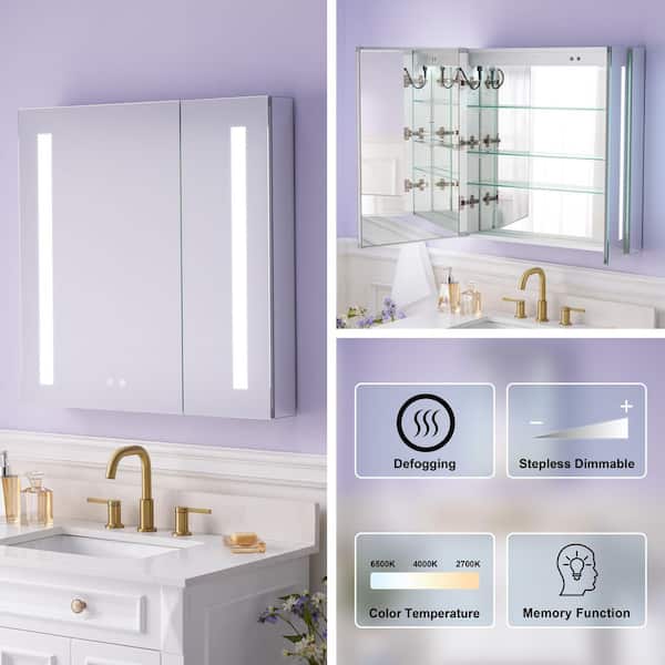 30 in. W x 30 in. H Aluminum Recessed or Surface Mount Medicine Cabinet with Mirror 2 Door Dimmer LED Lighted,Defogger