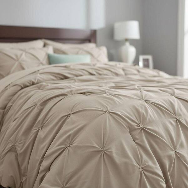 Pinch Pleat California King 7-Piece Beige Comforter Set Polyester