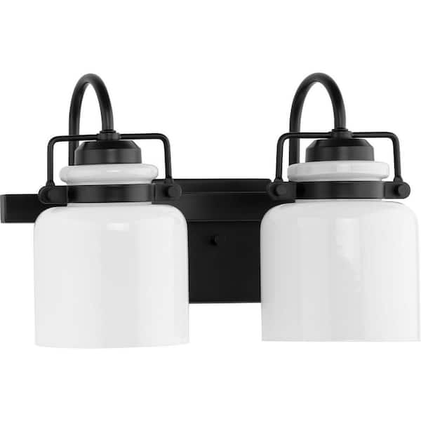 Fessler Collection 13 in. 2-Light Matte Black Opal Glass Farmhouse Vanity Light