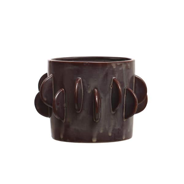 Storied Home 7 in. x 5 in. Brown Stoneware Planter with Reactive Glaze, Holds Pot