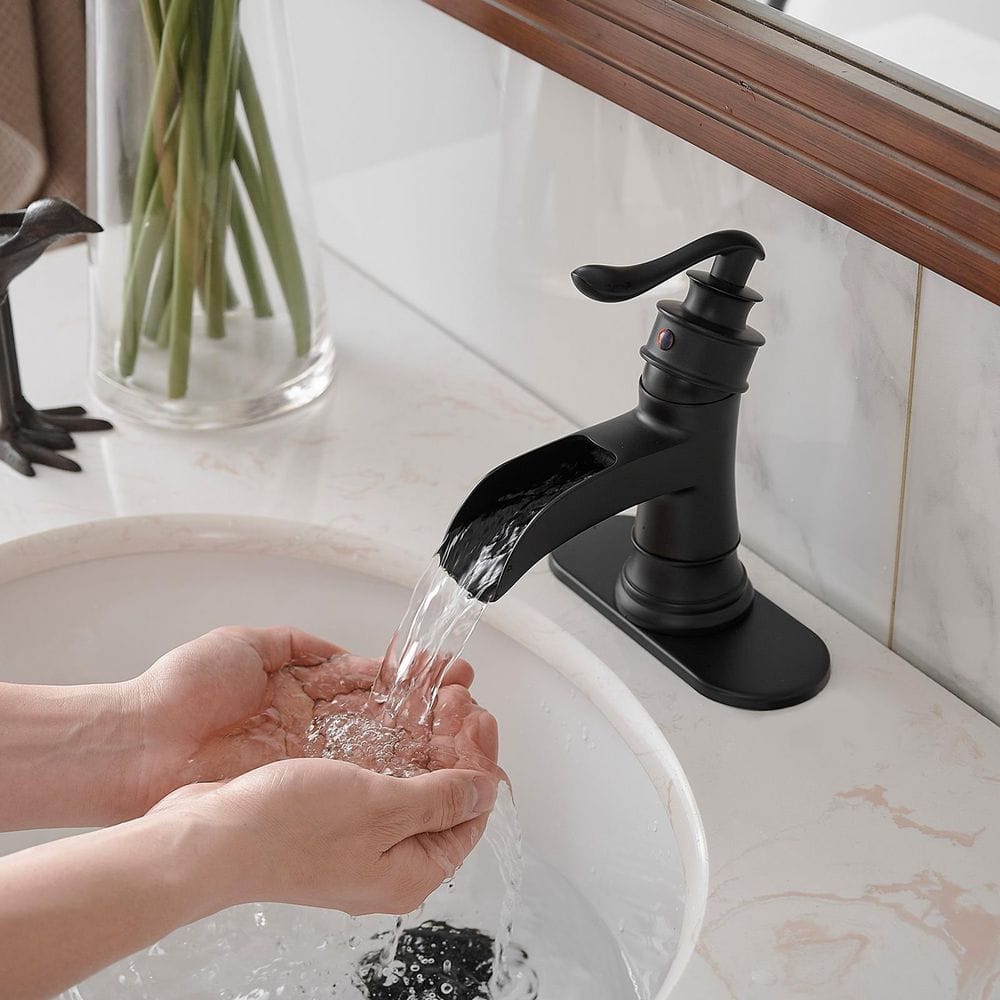 Matte Black Single-Handle Waterfall Bathroom Faucet with Deck Plate